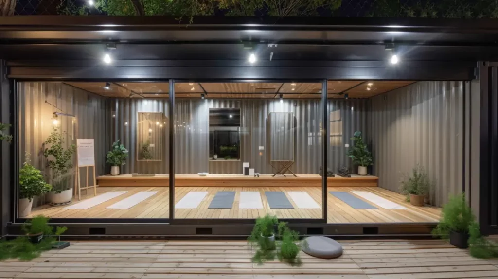 Shipping container converted into a yoga studio