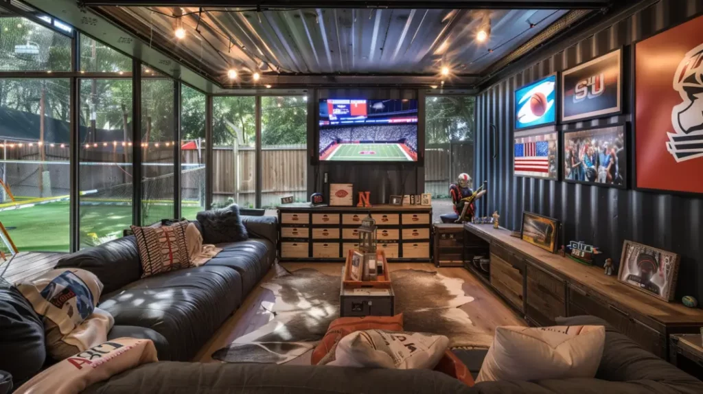 a shipping container converted into a sports sanctuary man cave